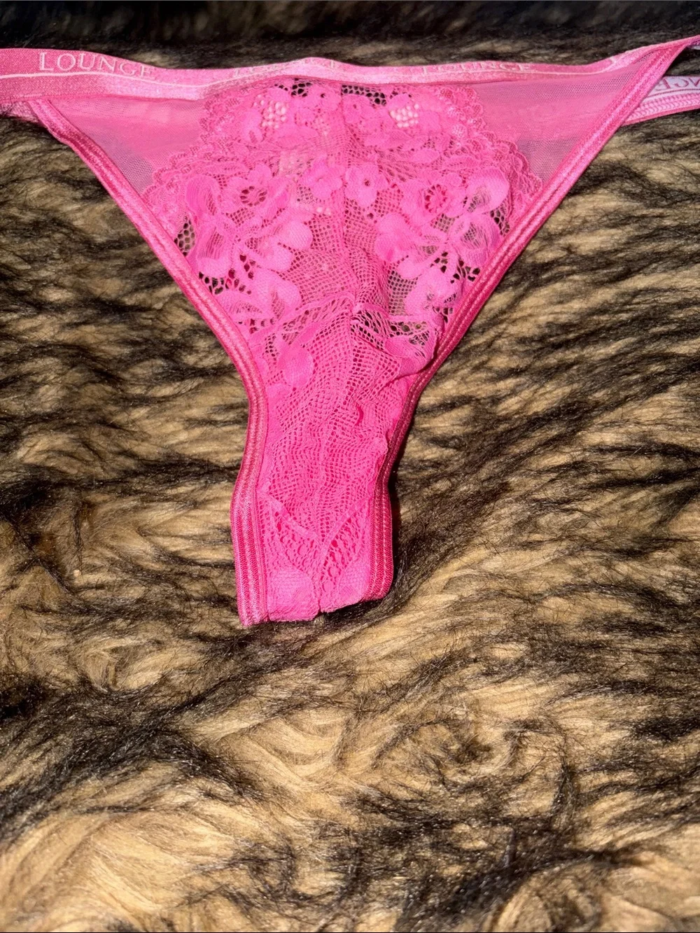 Lounge Pink Lace Thong With logo Waistband Size Large